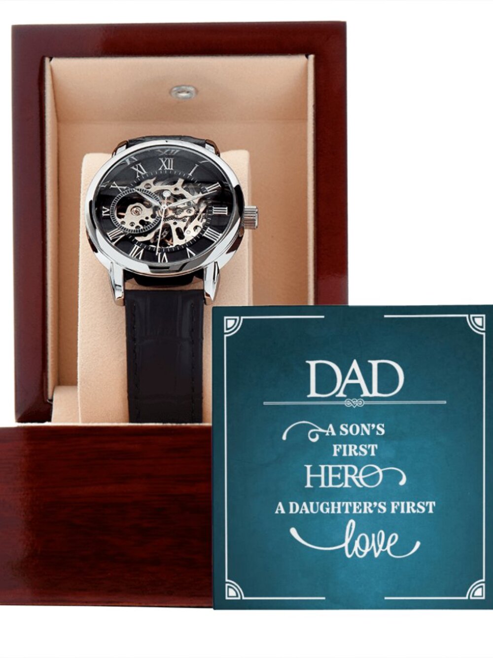 Dad a Son's First Hero Men's Openwork Skeleton Automatic Watch Message Card Lux